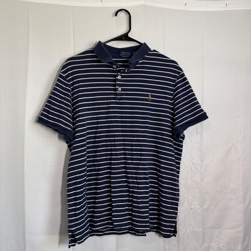 Polo Ralph Lauren Shirt Cotton Striped Custom Slim Fit Navy Blue Preppy XL